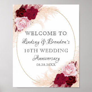 Burgund Floral Wedding Jubiläum Pampas Willkommen Poster