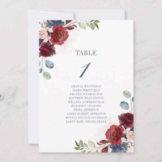 Burgund Floral Wedding Tischnummer 1 (Vorderseite)