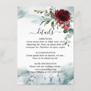 Burgund Floral Winter Wunderland Hochzeit Details Begleitkarte