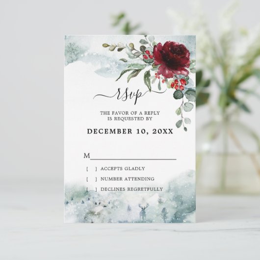 Burgund Floral Winter Wunderland Hochzeit RSVP Karte (Stehend Vorderseite)