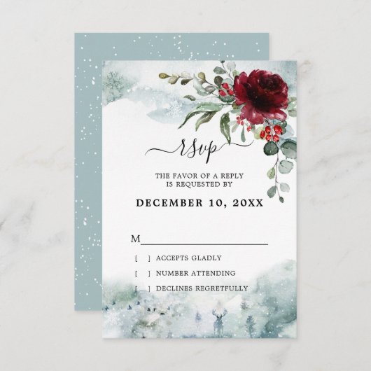 Burgund Floral Winter Wunderland Hochzeit RSVP Karte (Vorne/Hinten)