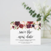 Burgund Florals, das neue Datum Gerettet, Wed vers Postkarte (Stehend Vorderseite)