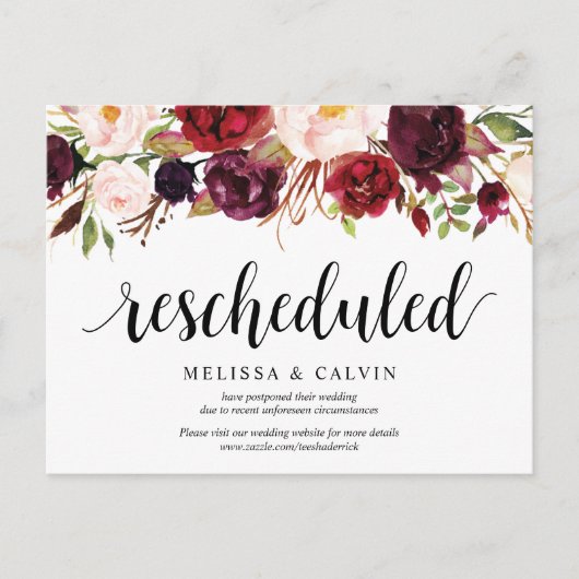 Burgund Florals, Hochzeitstag neuer Plan aufgescho Postkarte (Vorderseite)