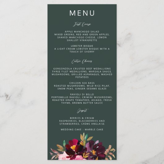 Burgund Forest Green Blush Floral Wasserfarbe Menükarte (Vorderseite)