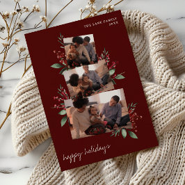 Burgund Foto Collage mit Berries und Grünpflanzen Feiertagskarte