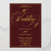 Burgund Foto-Drehbuch Grenzhochzeit Gold Folieneinladung (Vorderseite)