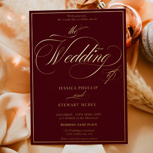 Burgund Foto-Drehbuch Grenzhochzeit Gold Folieneinladung