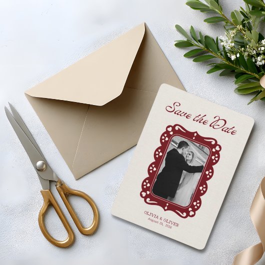 Burgund-Foto Retro-Spitze Save The Date