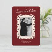 Burgund Foto Retro-Spitze Save The Date (Stehend Vorderseite)