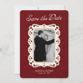 Burgund Foto Retro-Spitze Save The Date (Vorderseite)