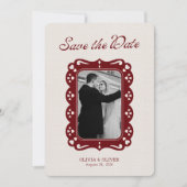 Burgund-Foto Retro-Spitze Save The Date (Vorderseite)