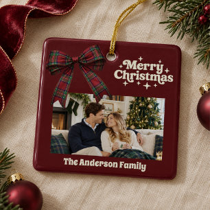 Burgund Foto Tartan Schleife Creme Weihnachten Keramikornament