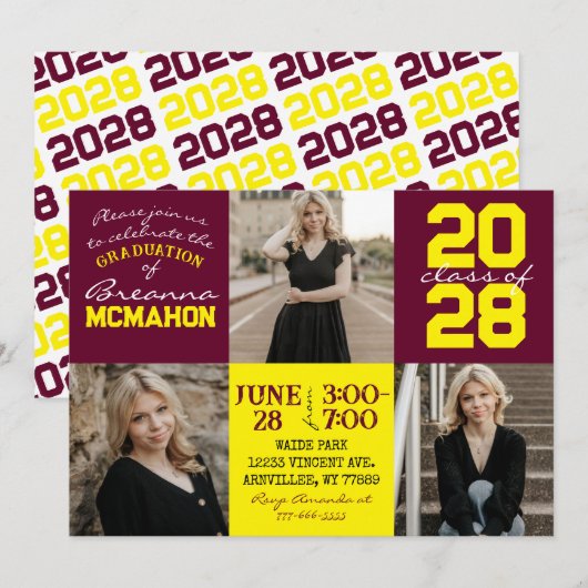 Burgund & Gelb 3 Foto Abschluss Einladung (Vorne/Hinten)