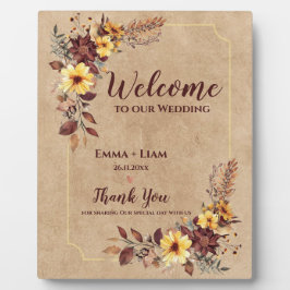 Burgund-Gelb-Blüte Willkommen auf unserer Hochzeit Fotoplatte