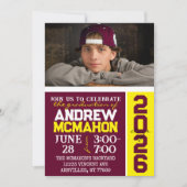 Burgund & Gelber Abschluss Foto Einladung (Vorderseite)