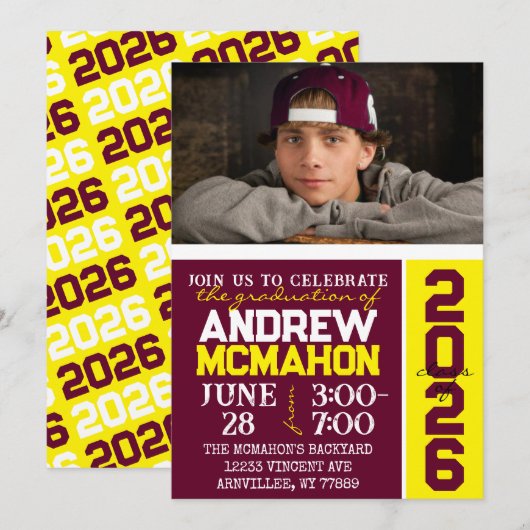 Burgund & Gelber Abschluss Foto Einladung (Vorne/Hinten)