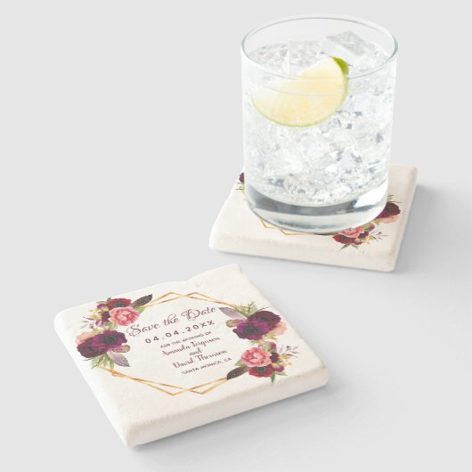 Burgund geometrische Hochzeit speichern das Datum Steinuntersetzer (Seitenansicht)