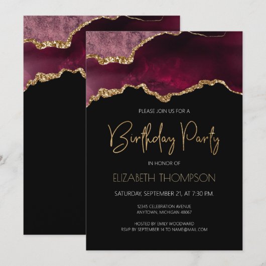 Burgund Gilded Agate Geode jedes Jahr Geburtstag Einladung (Vorne/Hinten)