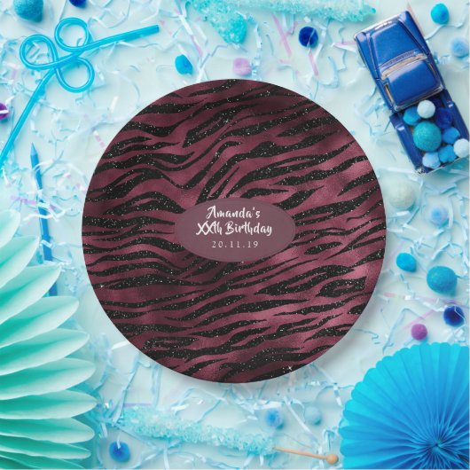 Burgund Glam Foil Glitzer Tiger Streifen Pappteller (Party)