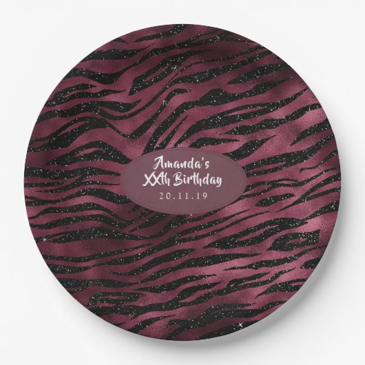 Burgund Glam Foil Glitzer Tiger Streifen Pappteller (Vorderseite)