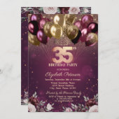 Burgund Glitzer Balloons Blume 35. Geburtstag Einladung (Vorne/Hinten)