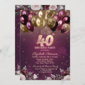 Burgund Glitzer Balloons Blume 40. Geburtstag Einladung (Vorne/Hinten)