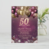 Burgund Glitzer Balloons Blume 50. Geburtstag Einladung (Stehend Vorderseite)