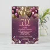 Burgund Glitzer Balloons Blume 70. Geburtstag Einladung (Stehend Vorderseite)