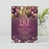 Burgund Glitzer Balloons Blume 80. Geburtstag Einladung (Stehend Vorderseite)
