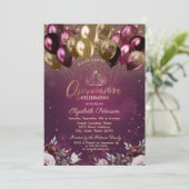 Burgund Glitzer Balloons Blume Quinceañera Einladung (Stehend Vorderseite)
