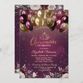 Burgund Glitzer Balloons Blume Quinceañera Einladung (Vorne/Hinten)