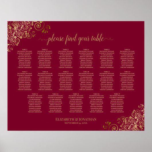 Burgund & Gold 17 Tabelle Hochzeitsdiagramm Poster (Vorne)