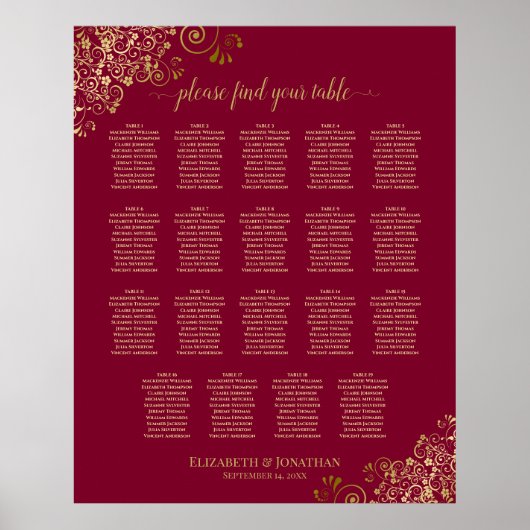 Burgund & Gold 19 Hochzeitstisch-Seating-Chart Poster (Vorne)