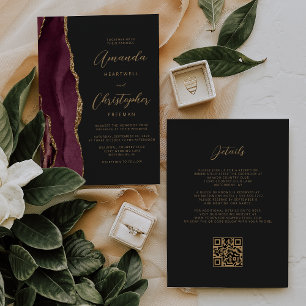 Burgund Gold Achat Dunkler QR-Code Hochzeit Einladung