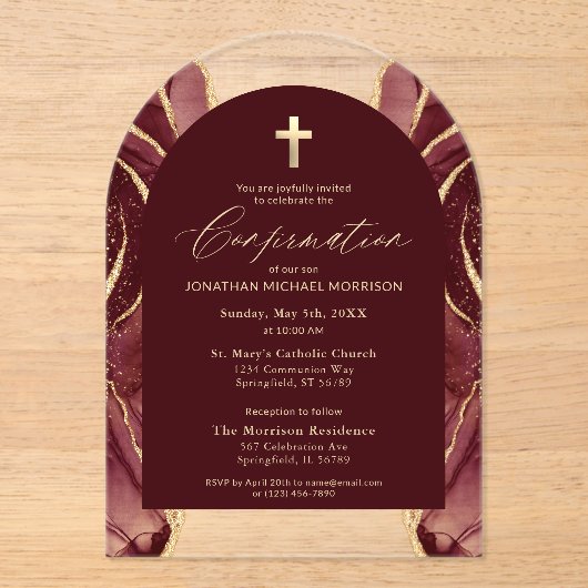 Burgund Gold Agate Bestätigung Modernes Elegant Acryleinladungen (Vorderseite)
