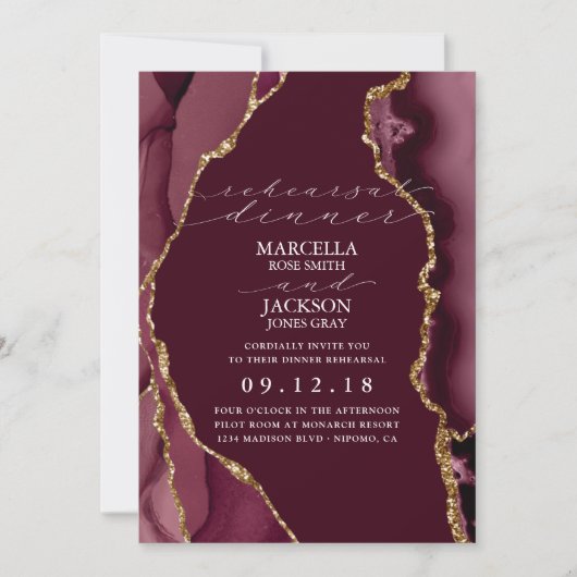 Burgund & Gold Agate Dinner Probe Einladung (Vorderseite)