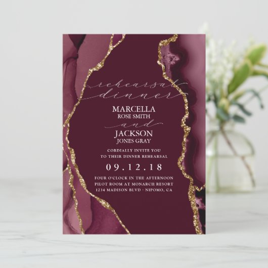 Burgund & Gold Agate Dinner Probe Einladung (Stehend Vorderseite)