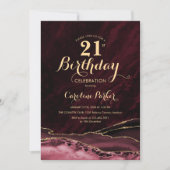 Burgund Gold Agate Marble 21. Geburtstag Einladung (Vorderseite)