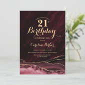 Burgund Gold Agate Marble 21. Geburtstag Einladung (Stehend Vorderseite)