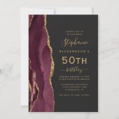 Burgund Gold Agate QR Code 50. Geburtstag Einladung (Vorderseite)