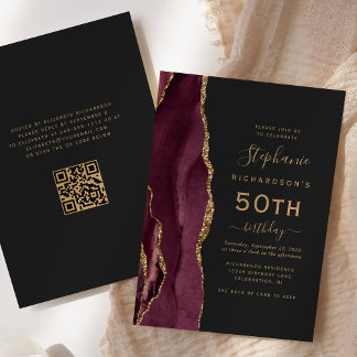 Burgund Gold Agate QR Code 50. Geburtstag Einladung