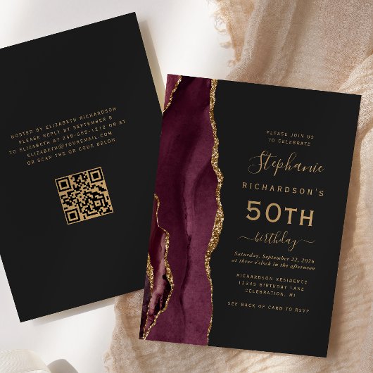 Burgund Gold Agate QR Code 50. Geburtstag Einladung