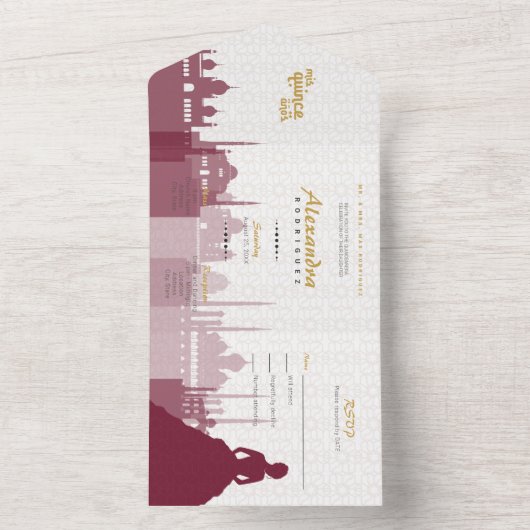 Burgund & Gold Arabian Quinceñera All In One Einladung (Innen Boden)