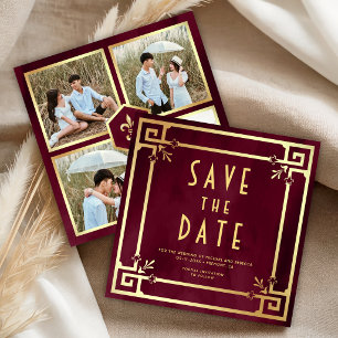 Burgund Gold Art Deco Foto Collage Hochzeit Save The Date