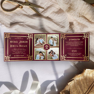Burgund Gold Art Deco FotoCollage Hochzeit Dreifach Gefaltete Einladung