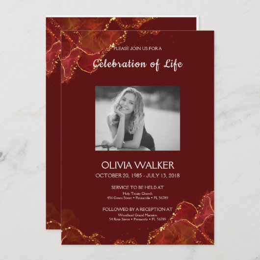 Burgund & Gold Beerdigung zum Leben Einladung (Vorne/Hinten)