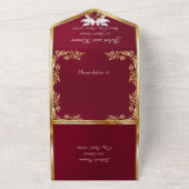 Burgund, Gold-Blätter, Tauben und Herz All In One Einladung (Außenbereich)