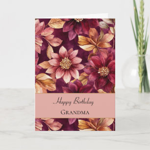Burgund Gold Blumen Blätter Geburtstag Karte