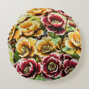 Burgund Gold Blumen - Lebendige Blumendekoration Rundes Kissen