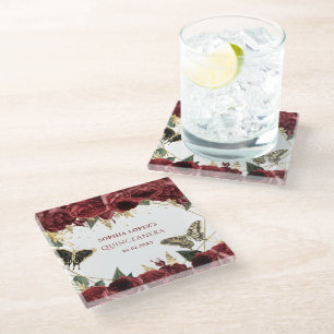 Burgund Gold Blumen Schmetterlinge Quinceanera   Glasuntersetzer